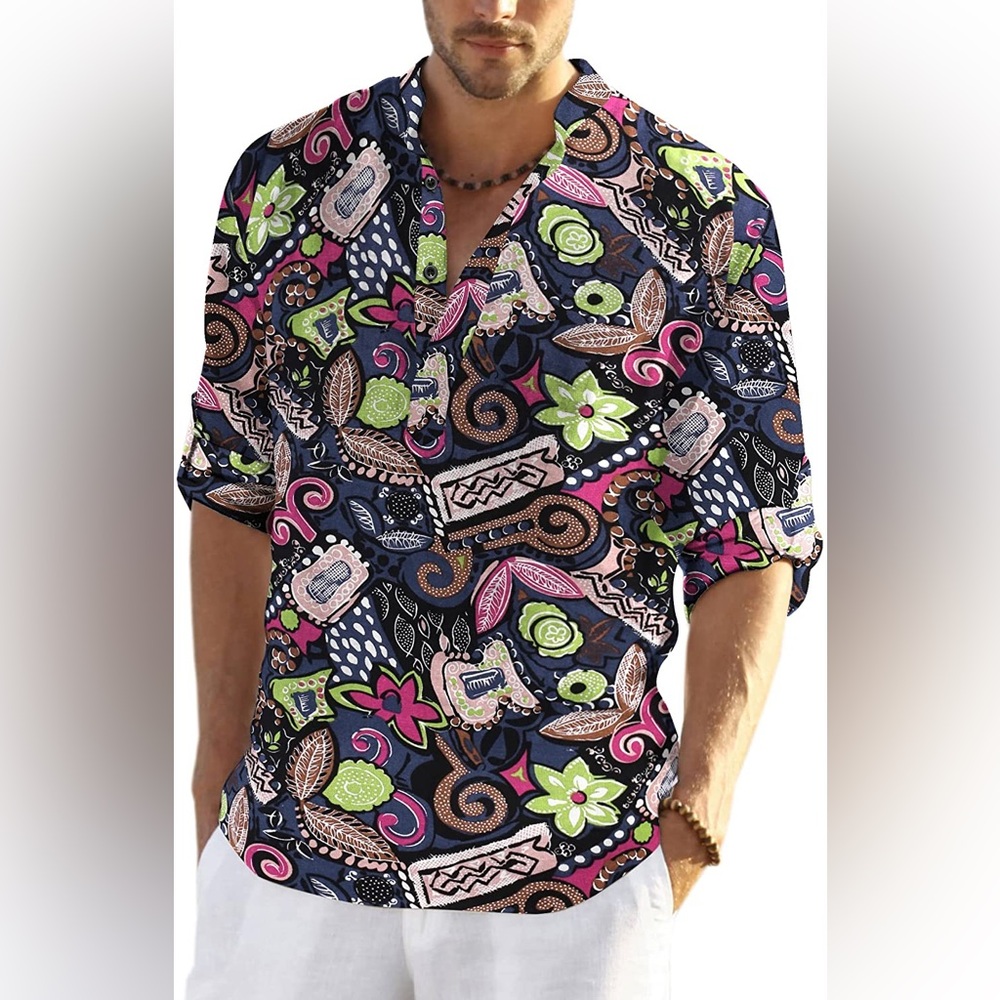 Coofandy Mens Button Up Shirt Henley Cotton Linen Shirt SZ M NEW
